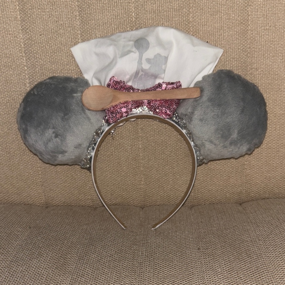 Disney Gray Faux Fur Minnie Ear Headband with White Chef Hat and Pink Sequin Bow